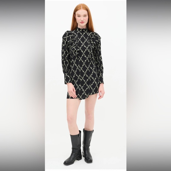 Ganni Dresses & Skirts - Ganni Crepe Margarita Black Mini Dress with Green Floral Lattice